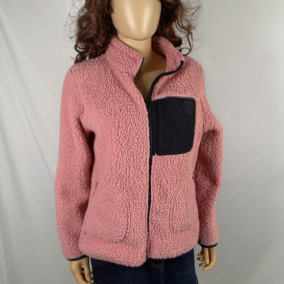 Tommy Hilfiger Pink Sherpa Fleece Jacket Full Zip Top Medium Casual Pockets - Picture 1 of 5